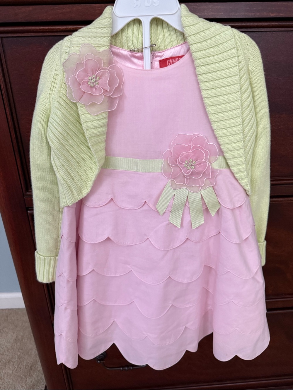 Gymboree Pink Layered Scallop Dress with Light Green Shrug and Flower Accents